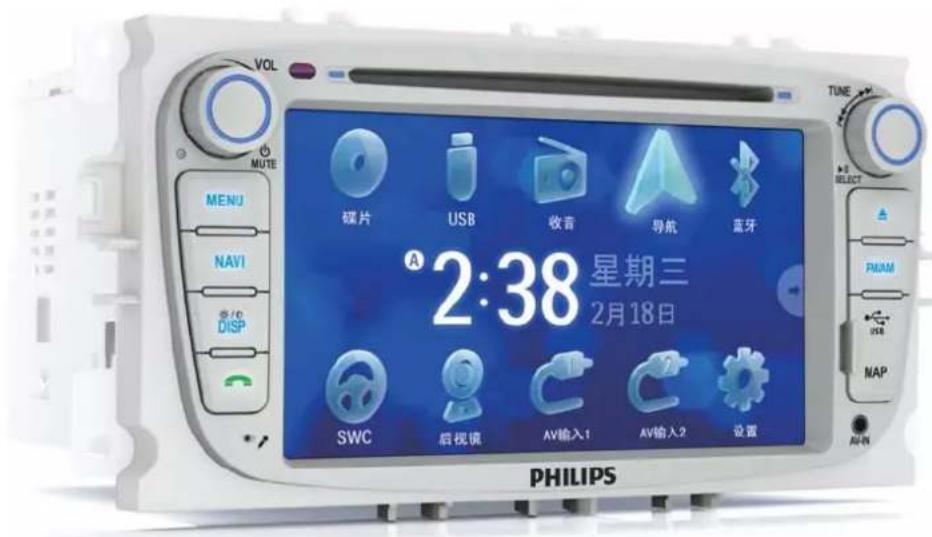 VOL MUTE MENU NAV1 DSP SWC 后视镜 AV输入1 AV输入2 设置 A 2:38 星期三 2月18日 TUNE SELECT CAM USB 收音 导航 蓝牙 PHILIPS