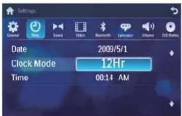 Settings General Date Sound Video Bluetooth Language Vehicles DVD Ratings Date 2009/5/1 Clock Mode 12Hr Time 00:14 AM