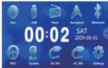 Dec USB Radio Navigation Bluetooth 00:02 SAT 2009-08-01 SWC Camera AV_IN1 AV_IN2 Settings