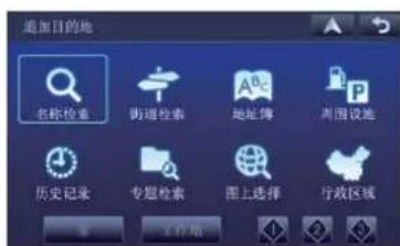 追加目的地 名称检索 街道检索 地址簿 周围设施 历史记录 专题检索 图上选择 行政区域