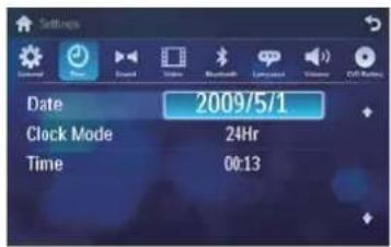 Settings Date 2009/5/1 Clock Mode 24Hr Time 00:13