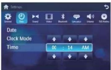 Settings Date Clock Mode Time 00 : 14 AM
