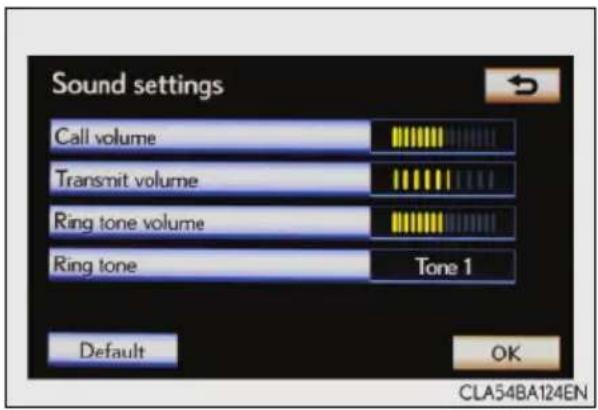 Sound settings Call volume Transmit volume Ring tone volume Ring tone Tone 1 Default OK CLA54BA124EN
