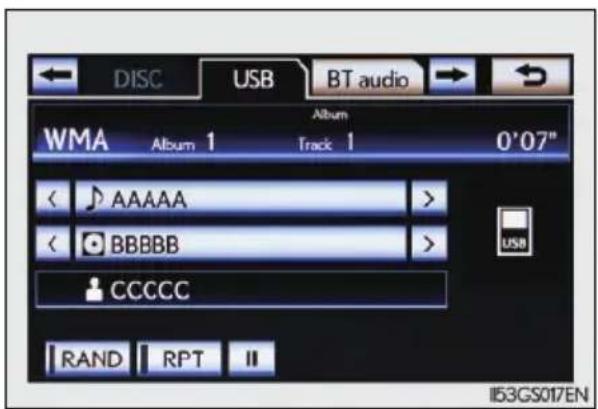 DISC USB BT audio WMA Album 1 Track 1 0'07" < AAAAA > < BBBBB > CCCCC RAND RPT II I53GS017EN