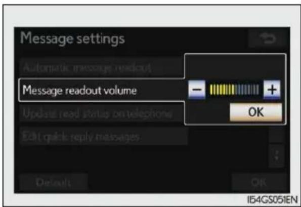 Message settings Automatic message readout Message readout volume Update read status on telephone Edit quick reply messages OK Default OK I54GS051EN