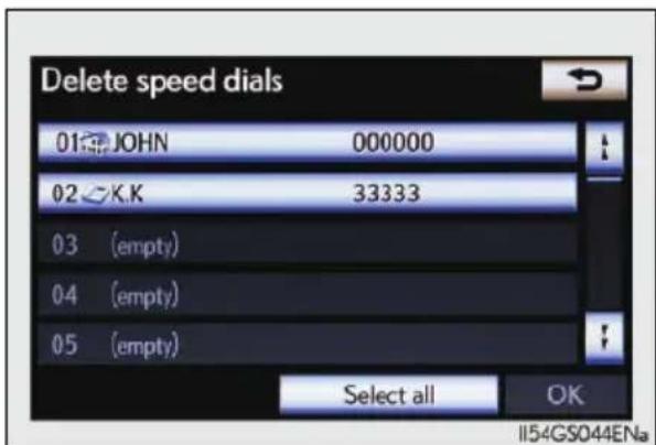Delete speed dials 01 JOHN 000000 02 K.K 33333 03 (empty) 04 (empty) 05 (empty) Select all OK II54GS044ENa