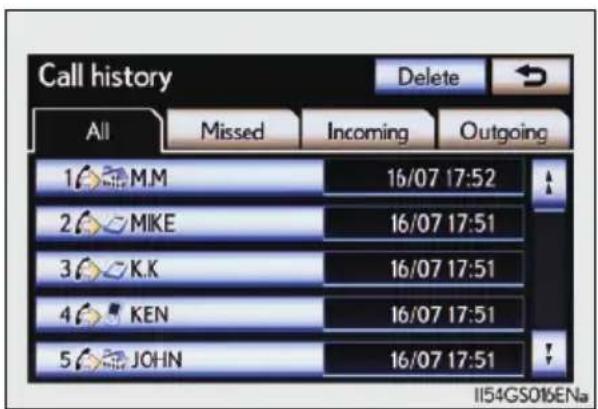 Call history Delete All Missed Incoming Outgoing 1 M.M 16/07 17:52 2 MIKE 16/07 17:51 3 K.K 16/07 17:51 4 KEN 16/07 17:51 5 JOHN 16/07 17:51 II54GS016ENa