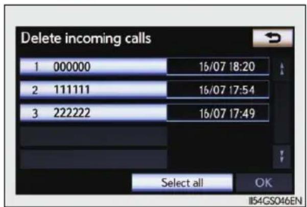 Delete incoming calls 1 000000 16/07 18:20 2 111111 16/07 17:54 3 222222 16/07 17:49 Select all OK IIS4GS046EN