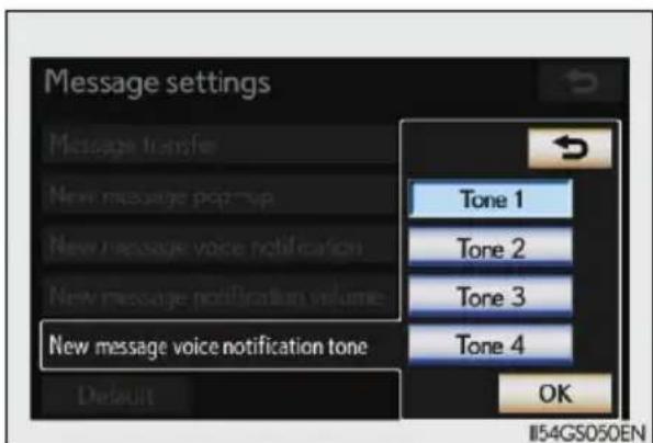 Message settings Message transfer New message popup New message voice notification New message notification volume New message voice notification tone Default Tone 1 Tone 2 Tone 3 Tone 4 OK I54GS050EN