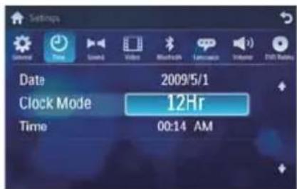 Settings Date 2009/5/1 Clock Mode 12Hr Time 00:14 AM
