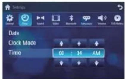 Settings General Time Sound Radio Bluetooth Language Volume USB Rating Date Clock Mode Time 00 : 14 AM
