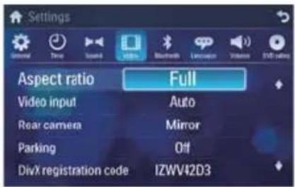Settings Universal Time Sound video Bluetooth Locuson Volume SVD ratios Aspect ratio Full Video input Auto Rear camera Mirror Parking Off DivX registration code IZWV42D3
