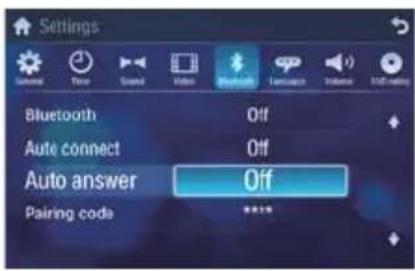 Settings Bluetooth Off Auto connect Off Auto answer Off Pairing code ****