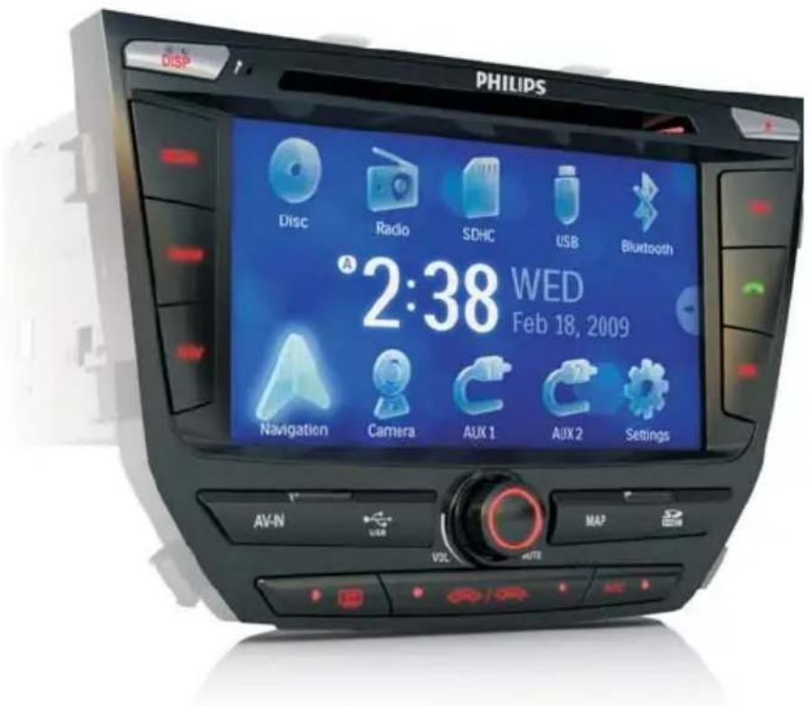 PHILIPS DISP Disc Radio SDHC USB Bluetooth °2:38 WED Feb 18, 2009 Navigation Camera AUX 1 AUX 2 Settings AV-N USB MAP VOL AUTO