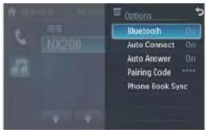 Options Bluetooth On Auto Connect On Auto Answer On Pairing Code ***** Phone Book Sync