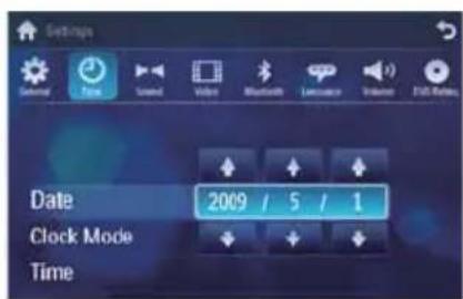 Settings Date 2009 / 5 / 1 Clock Mode Time