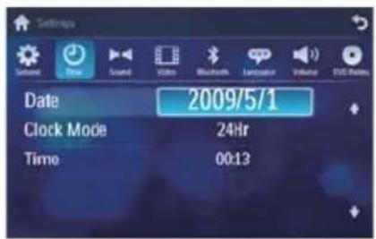 Settings Date 2009/5/1 Clock Mode 24Hr Time 00:13