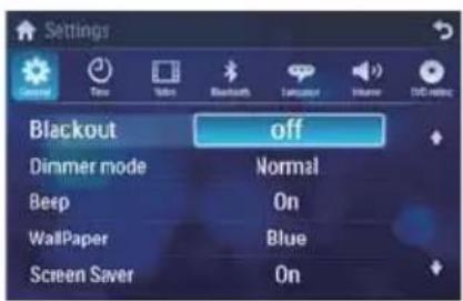 Settings Blackout off Dimmer mode Normal Beep On WallPaper Blue Screen Saver On