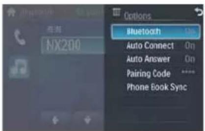 Options Bluetooth On Auto Connect On Auto Answer On Pairing Code ***** Phone Book Sync