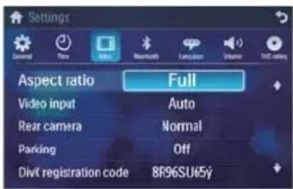 Settings General Time Video Bluetooth Functions Volume DI3 rating Aspect ratio Full Video input Auto Rear camera Normal Parking Off DivX registration code 8R96SU65y