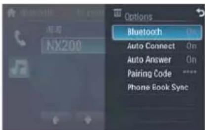 Options Bluetooth On Auto Connect On Auto Answer On Pairing Code ***** Phone Book Sync