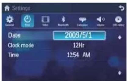 Settings General Date Video Bluetooth Language Integer TAT-800 Date 2009/5/1 Clock mode 12Hr Time 12:54 AM