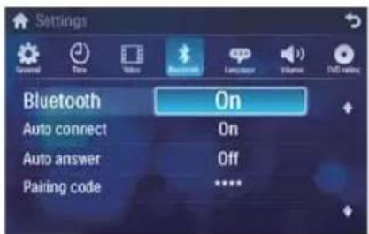 Settings Bluetooth On Auto connect On Auto answer Off Pairing code ****