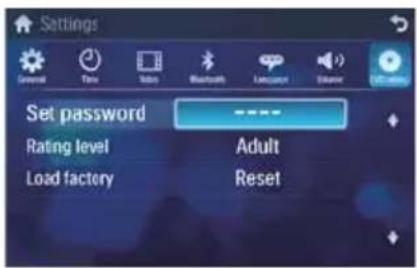 Settings General Data Video Bluetooth Language1 VLAN SET password Rating level Adult Load factory Reset