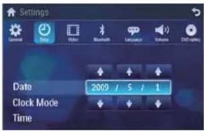 Settings General Date Water Bluetooth Language1 Volume DHT-uping Date 2009 / 5 / 1 Clock Mode Time