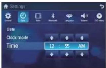 Settings General Time Video Bluetooths Language Volume Diff rating Date Clock mode Time 12 : 55 AM