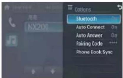 Options Bluetooth Auto Connect On Auto Answer On Pairing Code ***** Phone Book Sync