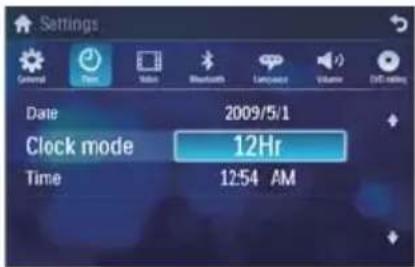Settings General Date Video Bluetooth Language Volume Diff rating Date 2009/5/1 Clock mode 12Hr Time 12:54 AM