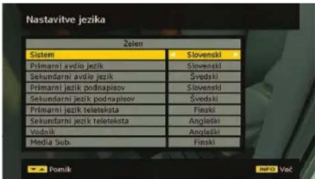 Nastavitve jezika Želen Sistem Slovenski Primarni avdio jezik Slovenski Sekundarni avdio jezik Švedski Primarni jezik podnapisov Slovenski Sekundarni jezik podnapisov Švedski Primarni jezik teleteksta Finski Sekundarni jezik teleteksta Angleški Vodnik Angleški Media Sub.Finski Pomik INFO Več