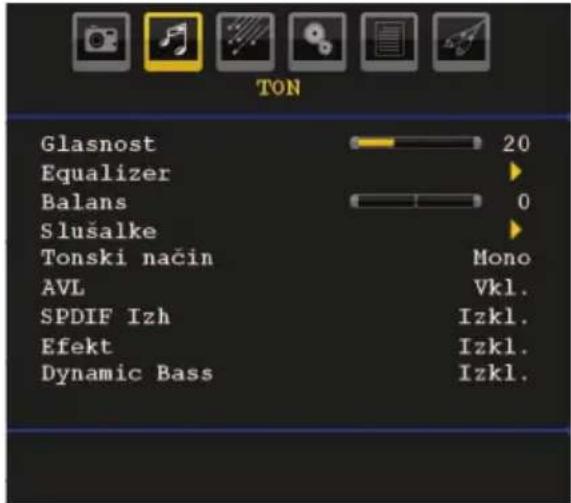 TON Glasnost 20 Equalizer Balans 0 Slušalke Tonski način Mono AVL Vkl. SPDIF Izh Izkl. Efekt Izkl. Dynamic Bass Izkl.