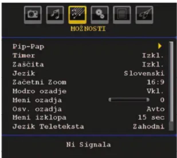 MOŽNOSTI Pip-Pap Timer Zaščita Jezik Začetni Zoom Modro ozadje Meni ozadja Osv. ozadja Meni izklopa Jezik Teleteksta Izkl. Izkl. Slovenski 16:9 Vkl. 0 Avto 15 sec Zahodni Ni Signala