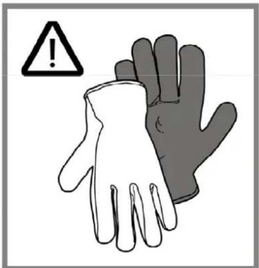 Warning symbol with exclamation mark and two gloves, one white and one gray, indicating hazard or caution.