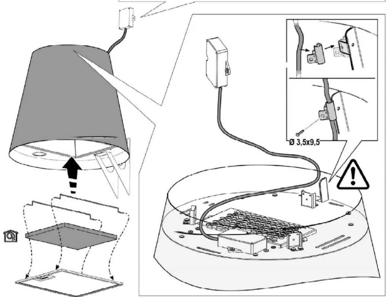 Technical diagram illustrating lighting installation and safety warning, showing components like a lamp, cable, and wiring with magnified detail.