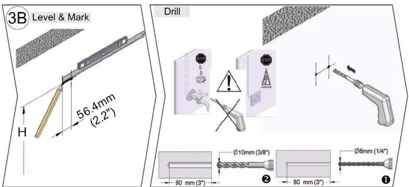 3B Level & Mark 56.4mm (2.2") H Drill Ø10mm (3/8") Ø6mm (1/4") 80 mm (3") 80 mm (3") ② ①