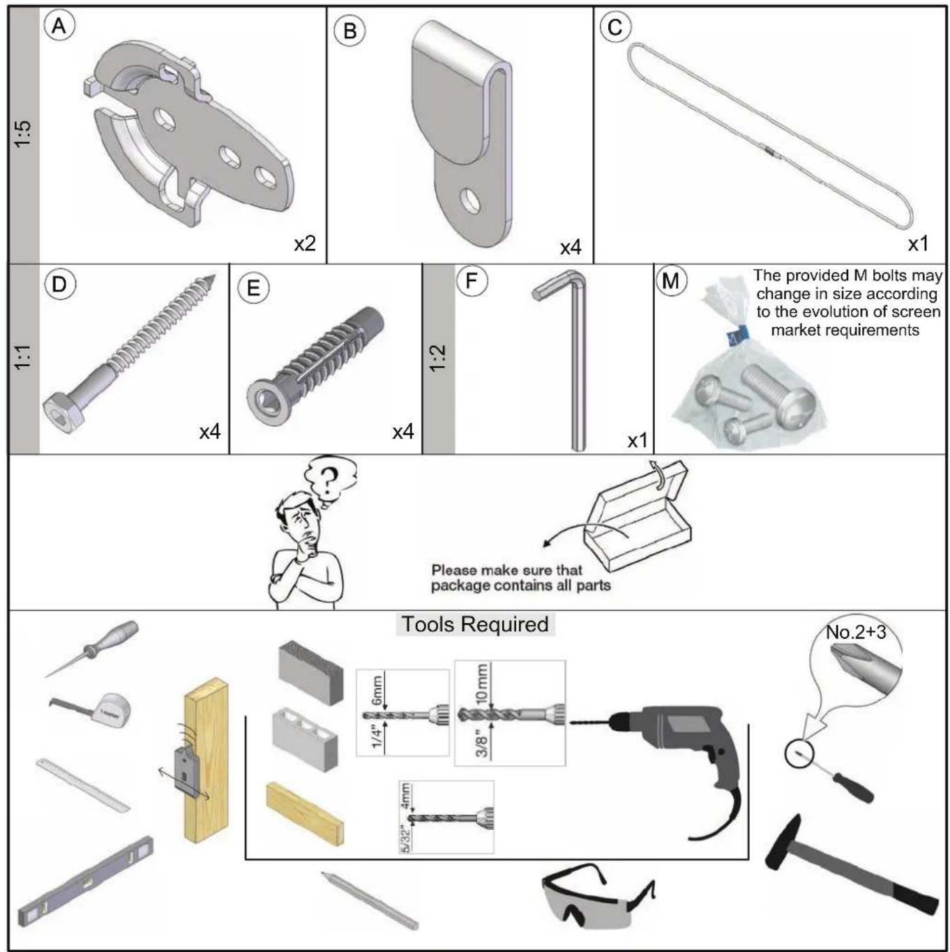 A 1:5 x2 B x4 C x1 D 1:1 x4 E x4 F 1:2 x1 M The provided M bolts may change in size according to the evolution of screen market requirements Please make sure that package contains all parts Tools Required No.2+3