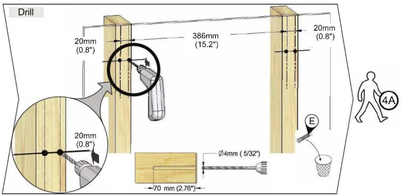 Drill 20mm (0.8") 386mm (15.2") 20mm (0.8") 20mm (0.8") Ø4mm (5/32") 70 mm (2.76") E 4A
