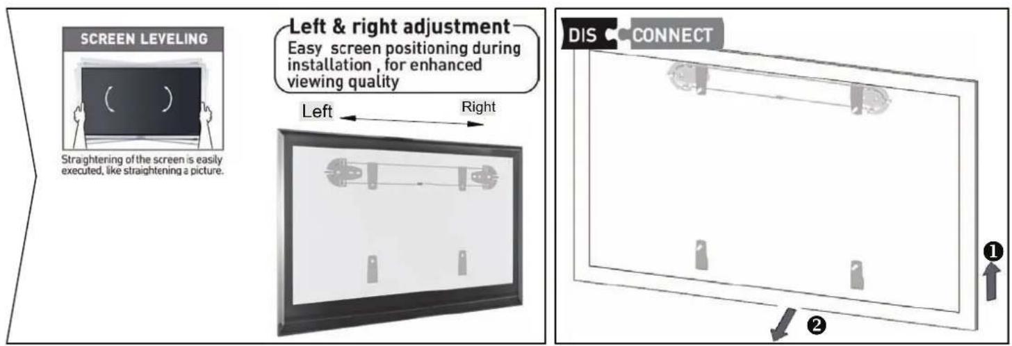 SCREEN LEVELING Straightening of the screen is easily executed, like straightening a picture. Left & right adjustment Easy screen positioning during installation, for enhanced viewing quality Left Right DIS CONNECT ① ②
