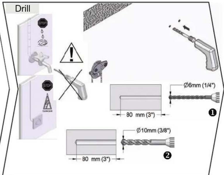 Drill STOP STOP TANGEN Ø6mm (1/4") 80 mm (3") Ø10mm (3/8") 80 mm (3") ① ②