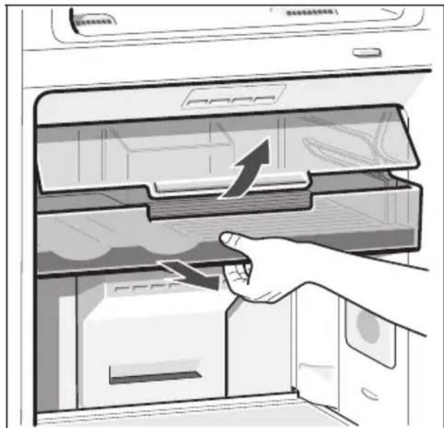 Diagram showing a hand inserting air filters into a refrigerator with Chinese labels and an upward arrow indicating airflow direction.