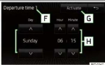 SKODA Columbus (2016) - Auxiliary heater
Departure time
Sunday At 6:15
A
B
C
D
E
Hearing
Su 6:15
Adjust

CAR 82

Médiá (Audio) 22

Média (Video) 32

Nastavenia prístroja \_\_\_\_ 14

Navigácia 61

Obrázky 30

Rádio 17

SmartLink 53

Telefón 37

TV tuner 34

Zvuk 14

Menu Video DVD 33

MirrorLink 58

Hlavné menu 58

Ovládanie 59

Problémy s funkciou 59

Rozpojenie spojenia 58

Vytvorenie spojenia 58

Moja cesta 74

Editácia cesty 75

nová cesta 74

Moje ciele 64

Moje zvláštne ciele 67

Možnosti tankovania 80

Možnosti trasy 79

Multifunkčný ukazovatel' 86 - 1