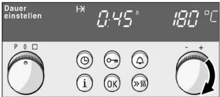 Dauer einstellen H: 0:45 h 180 °C P 0 □ i OK >>>