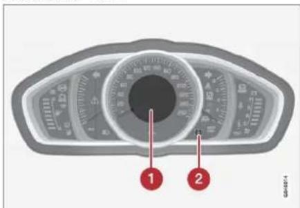 Diagram of a car dashboard with labeled parts, showing two numbered indicators (1 and 2) pointing to the central circular dial.