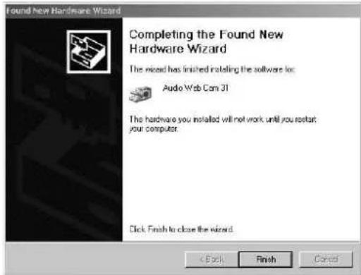 Found New Hardware Wizard Completing the Found New Hardware Wizard The wizard has finished installing the software for: Audio Web Com 31 The hardware you installed will not work until you restart: your computer. Click: Finish to close the wizard. < Back Finish Cancel