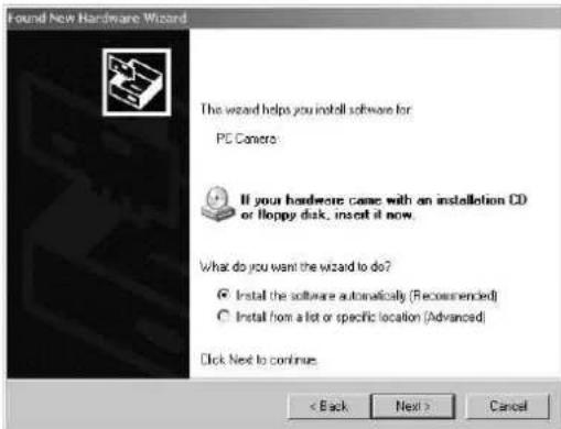 Found New Hardware Wizard The wizard helps you install software for PC Conero If your hardware came with an installation CD or floppy disk, insert it now. What do you want the wizard to do? ○ Install the software automatically (Recommended) ○ Install from a lot or specific location (Advanced) Click Next to continue. < Back Next > Cancel
