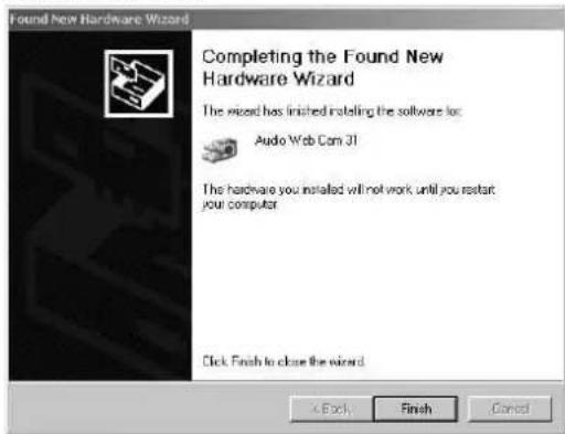 Found New Hardware Wizard Completing the Found New Hardware Wizard The wizard has finished installing the software for: Audio Web Com 31 The hardware you installed will not work until you restart: your computer Click. Finish to close the wizard.