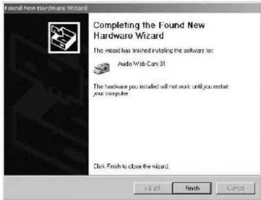 Found New Hardware Wizard Completing the Found New Hardware Wizard The wizard has finished installing the softwirs for: Audio Web Cam 31 The hardware you installed will not work until you restart your computer. Click. Finish to close the wizard.